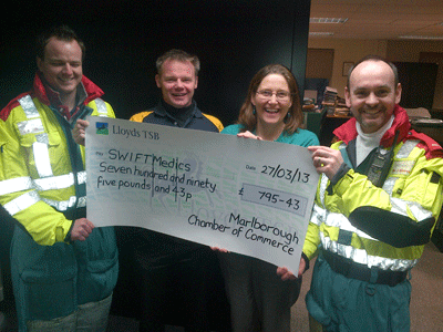 Chamber president Paul Shimell and treasurer Rachel Atkins (centre) present a cheque to doctors Dan Bawden (left) and Jonathan Glover (right)